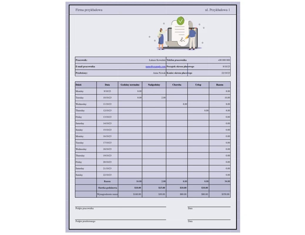 Podgląd dwutygodniowej karty pracy w arkuszu Excel