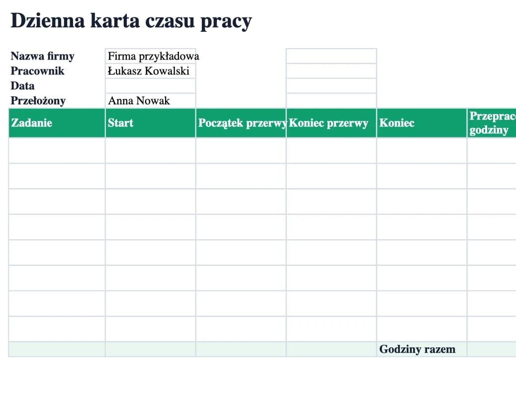 Podgląd Excel: Dzienna karta czasu pracy