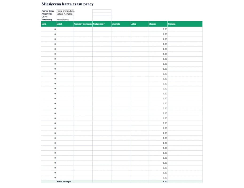 Podgląd Excel: Miesięczna karta czasu pracy