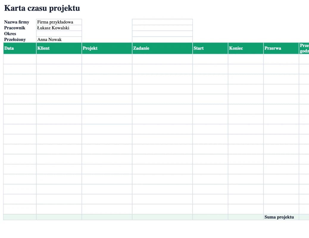 Podgląd Excel: Karta czasu projektu