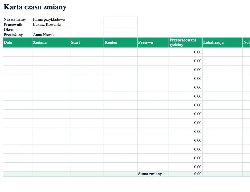 Podgląd Excel: Karta czasu zmiany