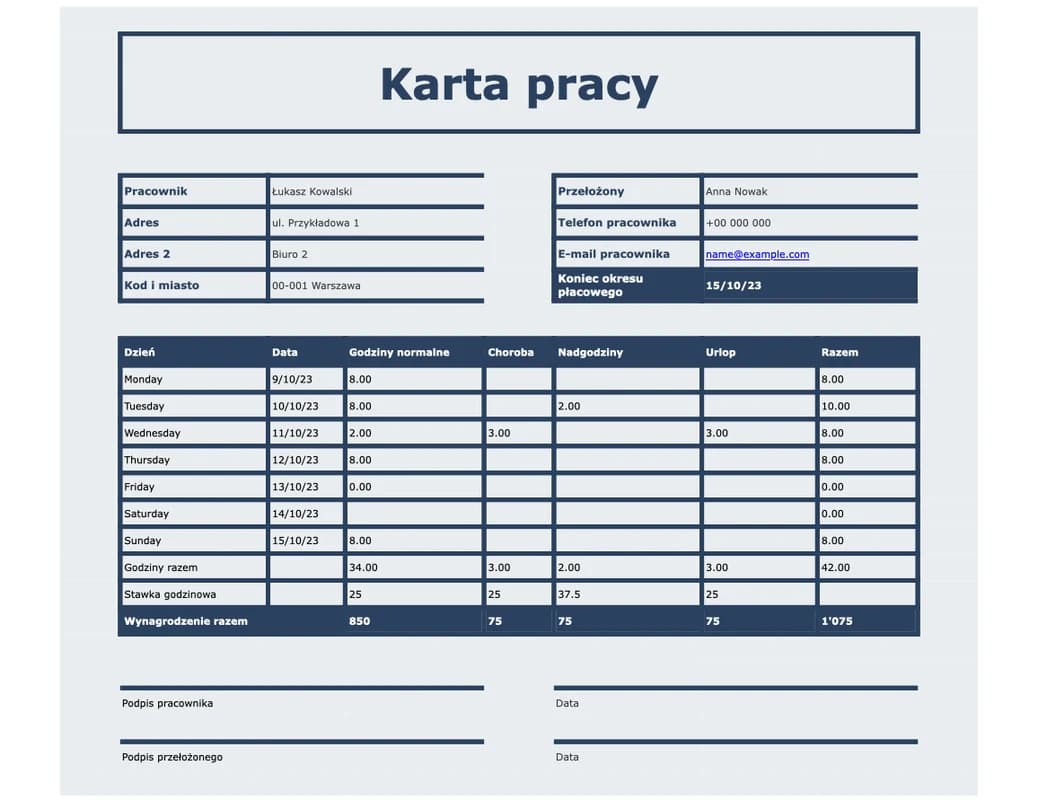 Podgląd karty pracy Excel z godziną wejścia, wyjścia i przerwy