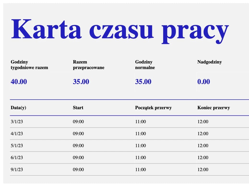 Podgląd tygodniowego szablonu ewidencji czasu pracy w Excelu