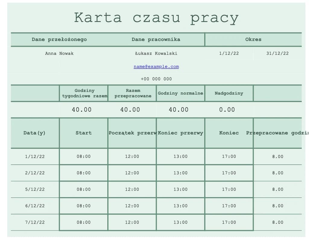 Podgląd szczegółowego raportu godzin Excel dla zadań i projektów