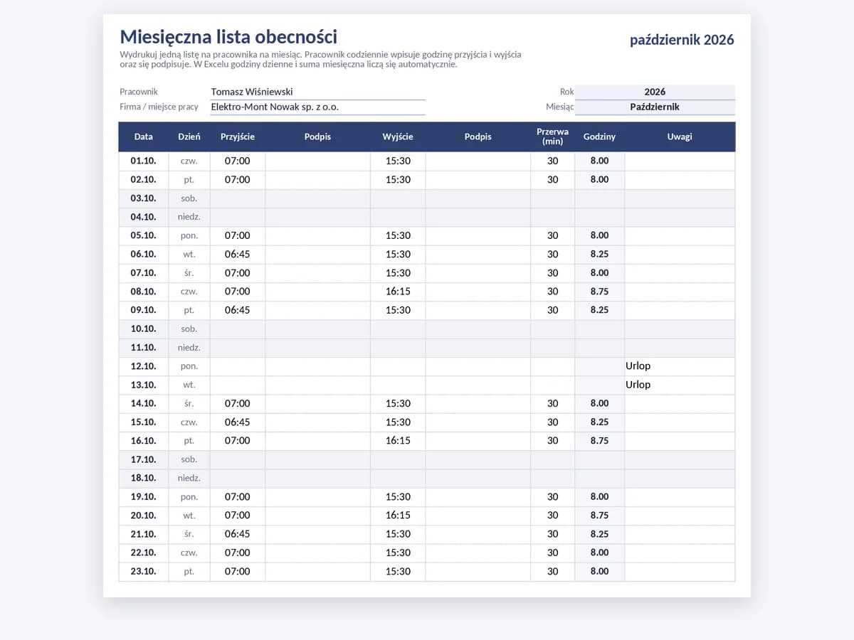 Miesięczna lista obecności z godzinami przyjścia i wyjścia oraz kolumnami na podpis