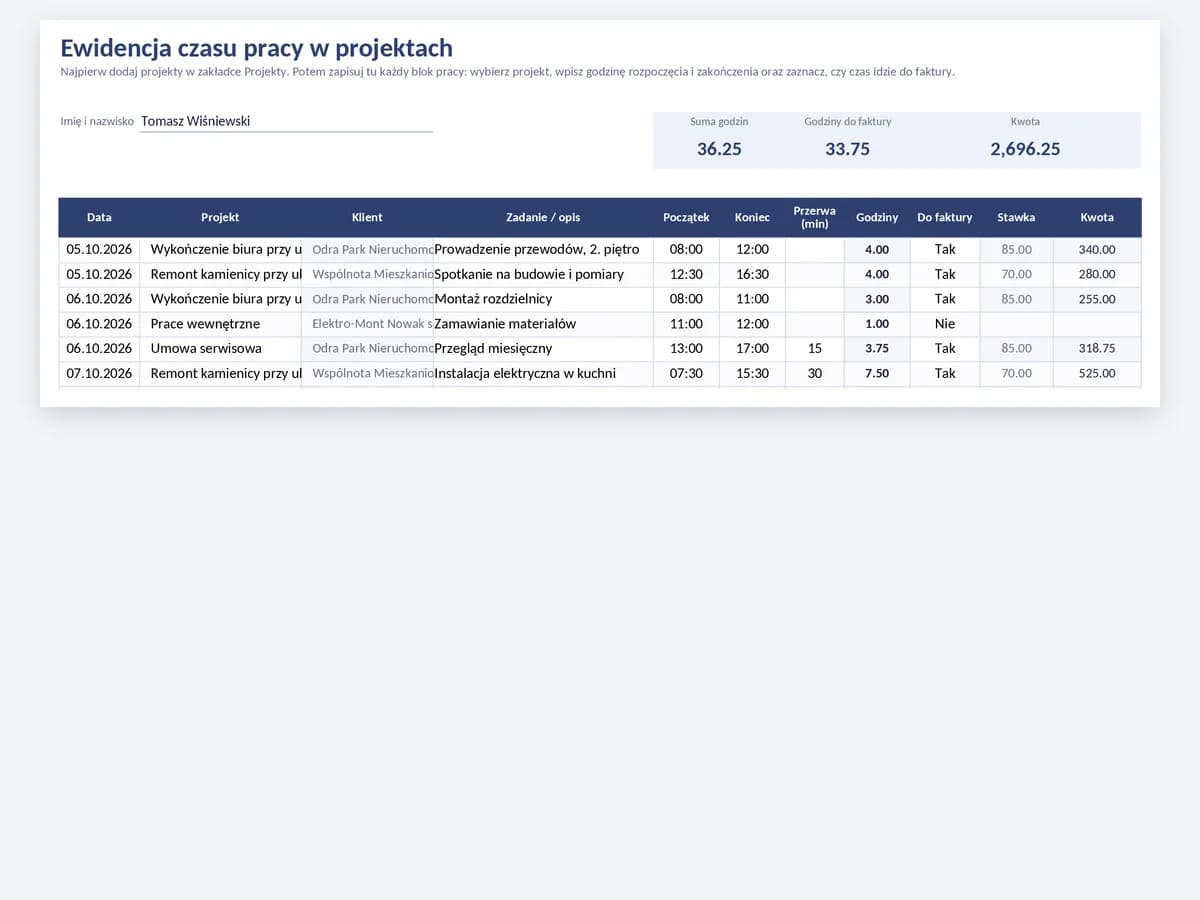 Szablon ewidencji czasu pracy w projektach z projektem, klientem, zadaniem, godzinami do faktury i kwotą