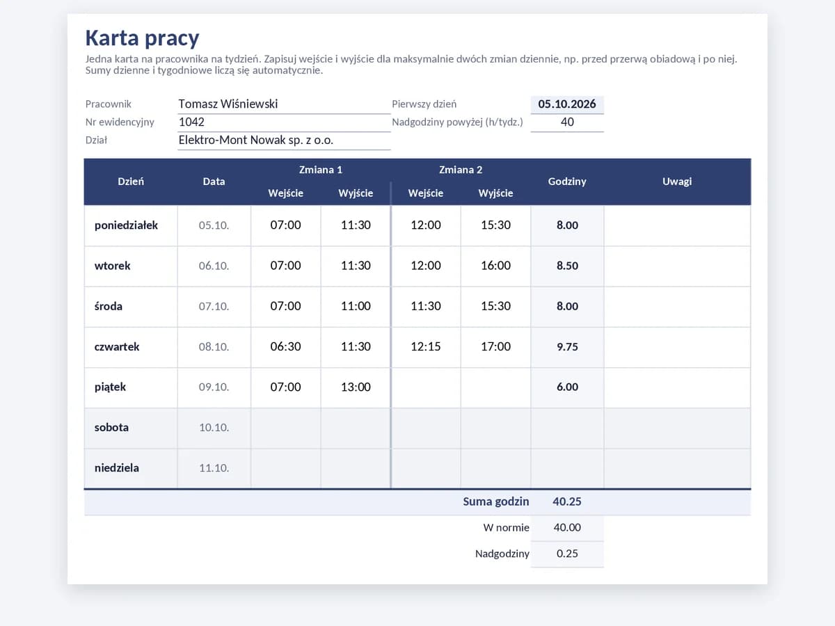 Tygodniowa karta pracy z dwoma wejściami i wyjściami dziennie